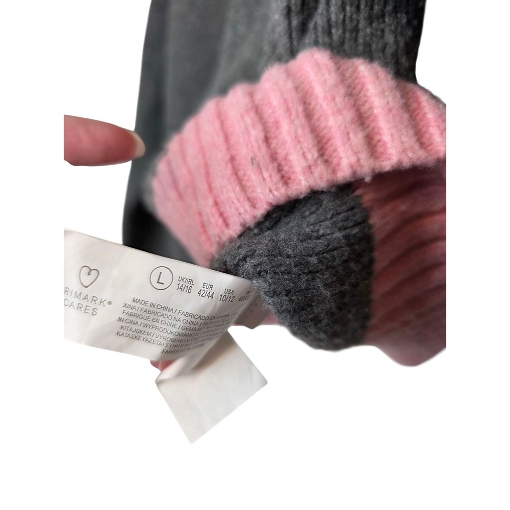 Primark Gray Pink Trim Knit Cardigan Sweater Womens Size L Long Sleeve Casual - Picture 8 of 11